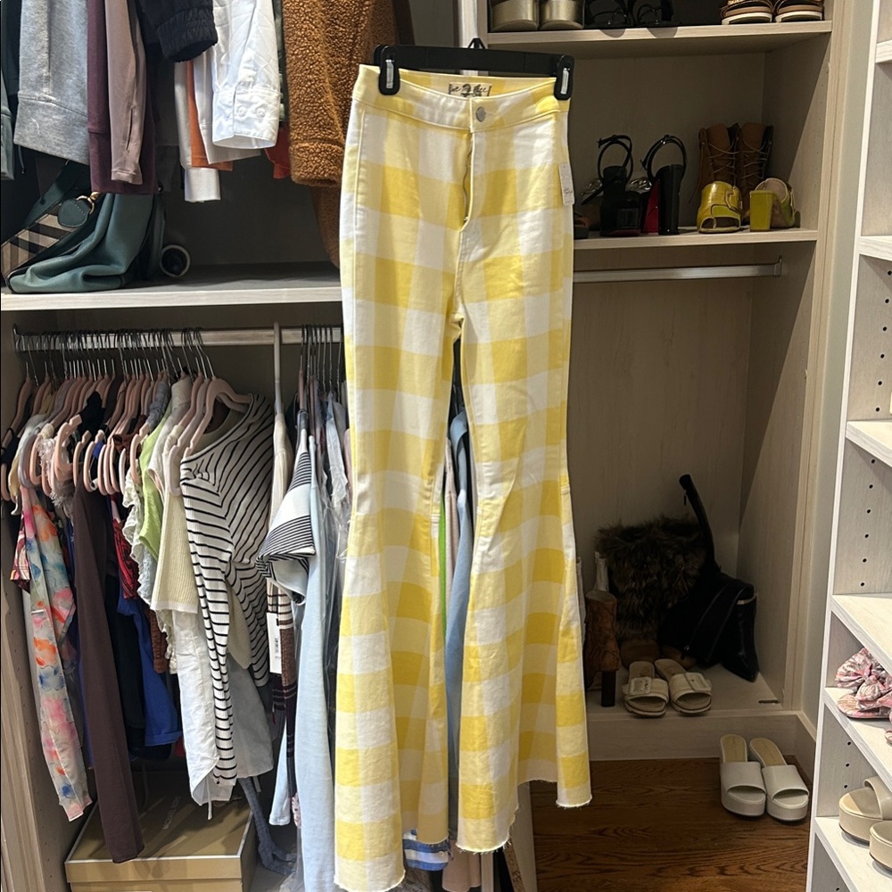 We the Free Yellow and White Checkered Ultra Flare Pants
